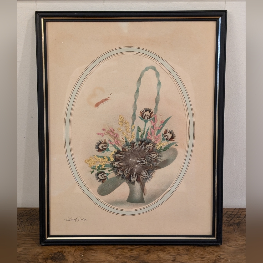 Ida Bisek Procop Painting Prairie Pictures Feather Flower Craft Art Handmade VTG